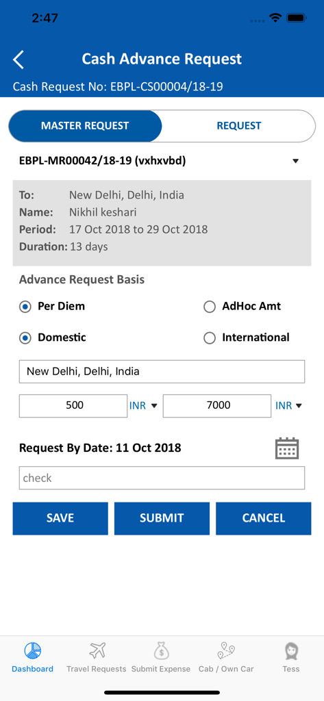 Tess360 mobile app interface for submitting a corporate travel cash advance request form.