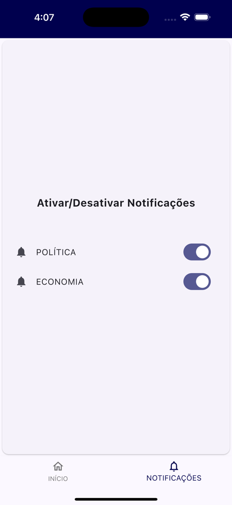 Conexão Política - Tela de configurações para ativar ou desativar notificações para as categorias de notícias de política e economia no aplicativo Conexao Politica