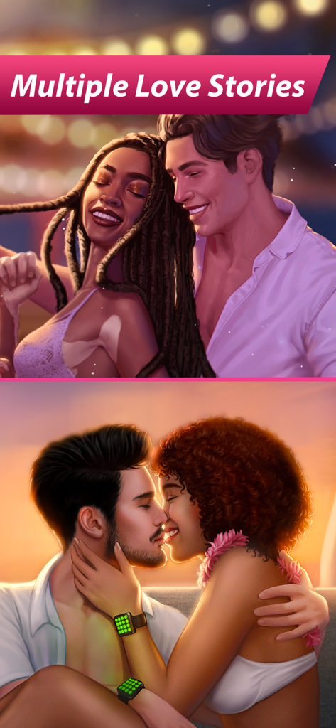 THTH: Love Is a Game NETFLIX - Dos escenas románticas de la aplicación THTH Love Is a Game NETFLIX con personajes diversos y el texto Múltiples historias de amor