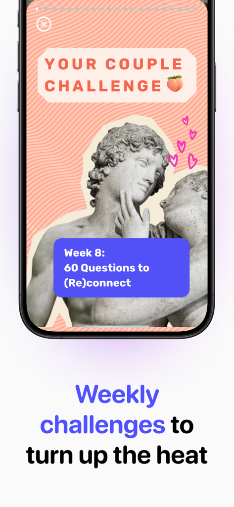 Screenshot der Melba-App, der eine wöchentliche Paarausforderung mit sechzig Fragen zur Wiederverbindung anzeigt.
