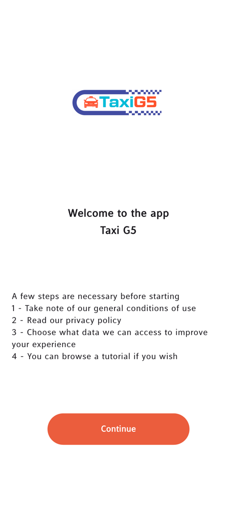 Taxi G5 - Welcome screen of the Taxi G5 mobile application showing onboarding steps and a continue button