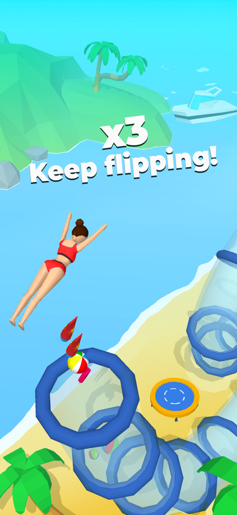 Flip Jump Stack - A character performing a mid air flip over hoops and trampolines on a beach in Flip Jump Stack