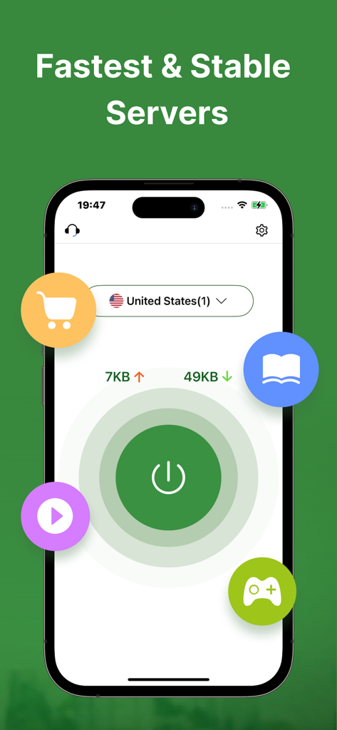 VPN - Fast VPN & Super VPN - VPN app interface showing a one-tap connection button and selected United States server.