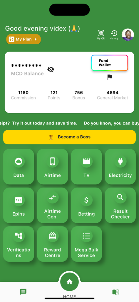 Pantalla de inicio de la aplicación MEGA Datos Baratos que muestra varios servicios como datos, tiempo aire y pagos de servicios públicos