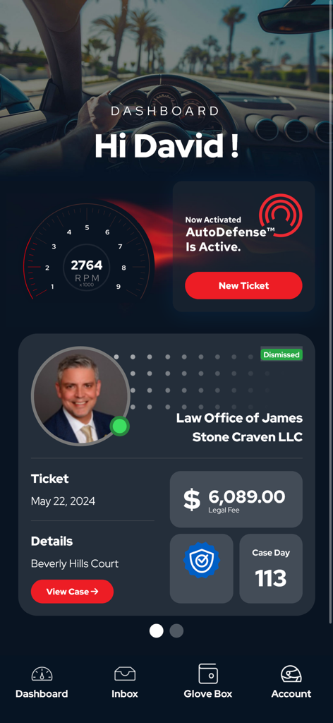 Auto Allies - Auto Allies mobile app dashboard showing a dismissed traffic ticket case and active defense mode