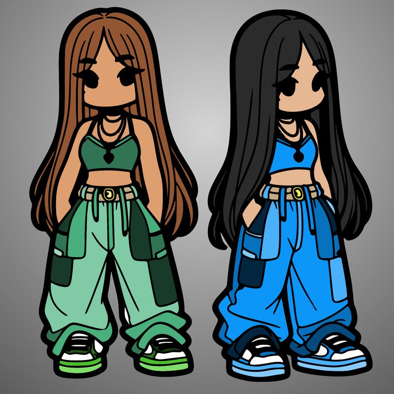 girl in baggy pants crop top and long hair