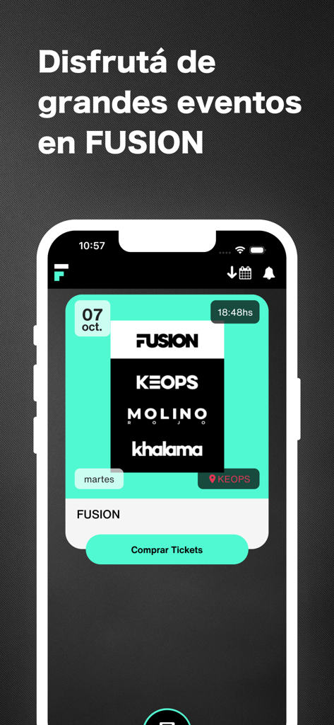 Mobile interface of the FUSION app showing a ticket purchase screen for a live event.