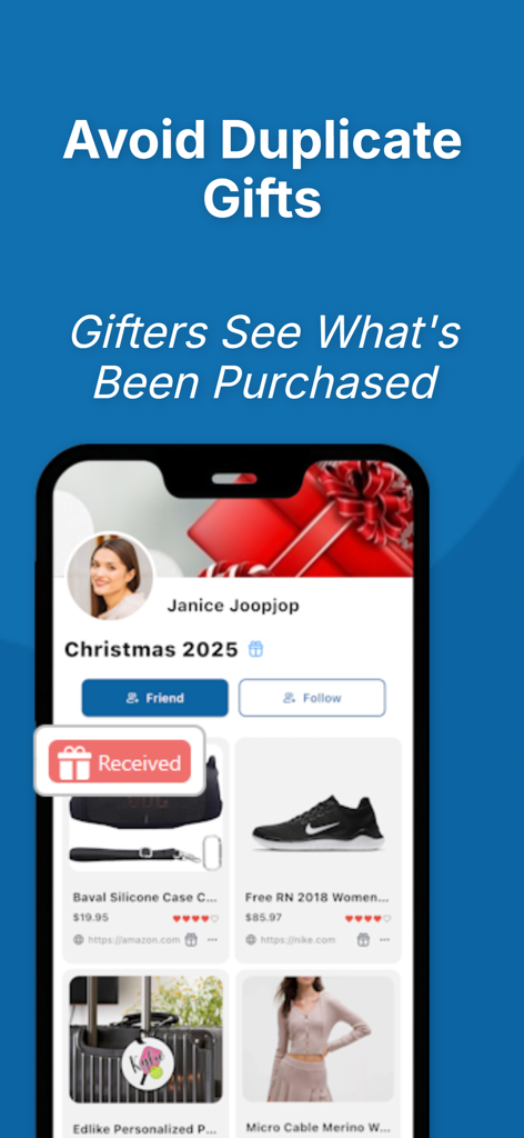 Interfaz de la app WishList que muestra un registro de regalos de Navidad con una insignia de 'recibido' en un producto para evitar regalos duplicados
