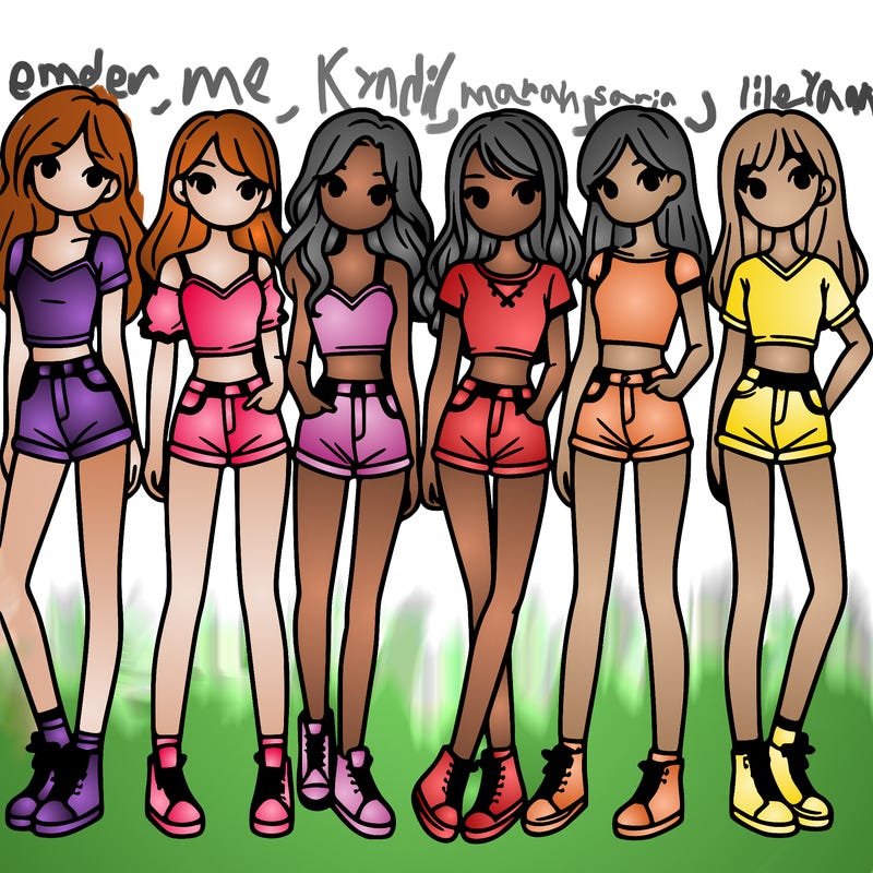 a group of girls wearing crop tops and shorts