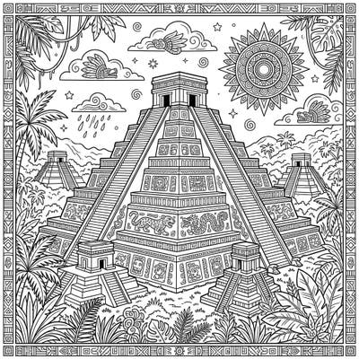 Step into the heart of ancient civilizations with this captivating Mesoamerican pyramid temple coloring page. Discover the majesty of Mayan and Aztec-inspired architecture amidst a vibrant jungle setting, perfect for all skill levels.