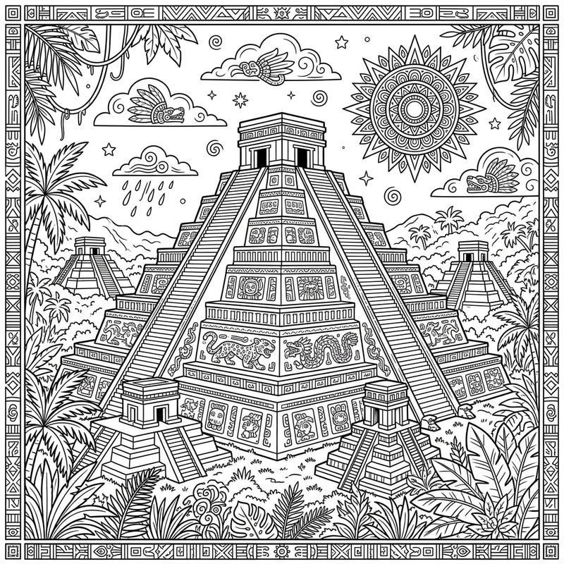 Step into the heart of ancient civilizations with this captivating Mesoamerican pyramid temple coloring page. Discover the majesty of Mayan and Aztec-inspired architecture amidst a vibrant jungle setting, perfect for all skill levels.