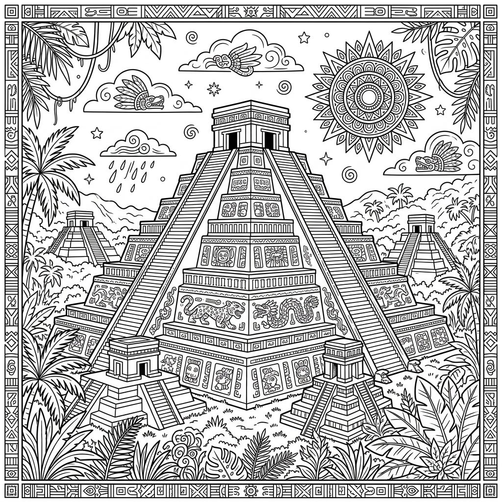 Ancient Mayan & Aztec Pyramid Coloring Template