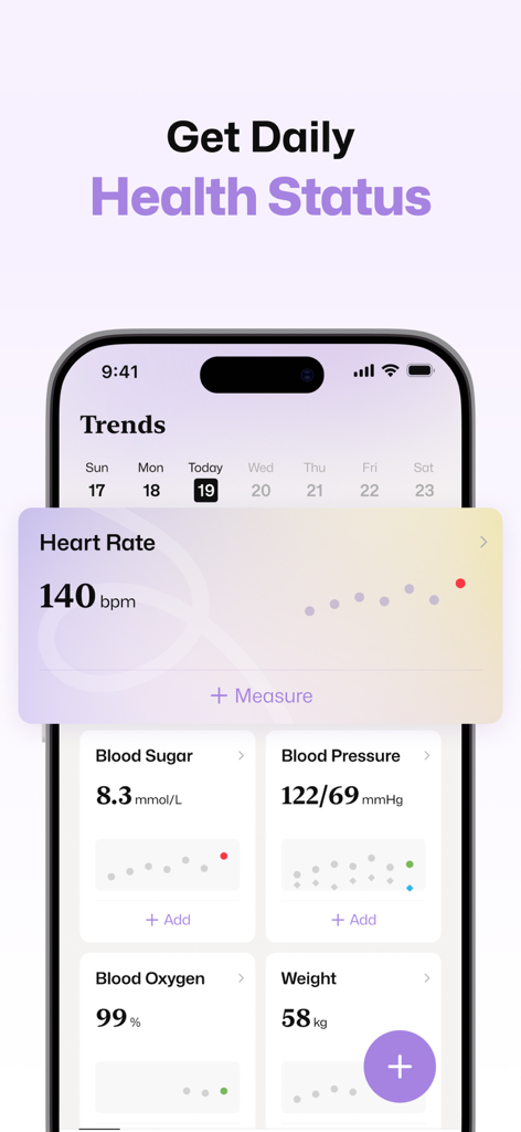 Well AI app dashboard showing heart rate, blood sugar, blood pressure, and blood oxygen trends.