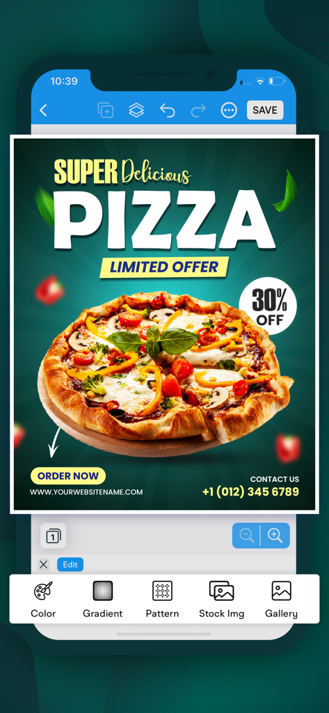 Poster Maker, Flyer Maker - Mobile app interface for designing a pizza promotional flyer with a 30 percent off discount badge.