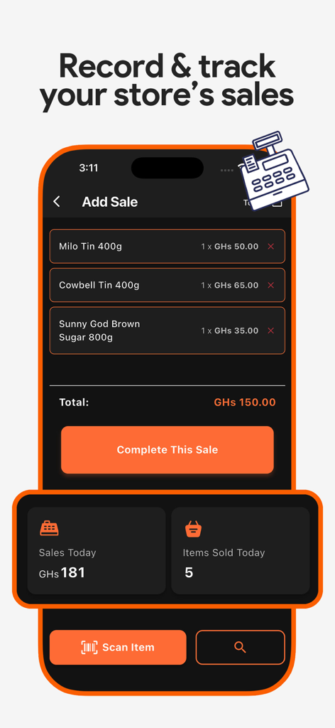 HotKiosk - Inventory & Sales - Interface do aplicativo móvel HotKiosk mostrando como registrar vendas na loja e rastrear métricas de receita diária