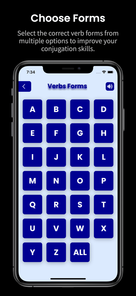 Alphabetisches Auswahlgitter für französische Verbformen in der mobilen App