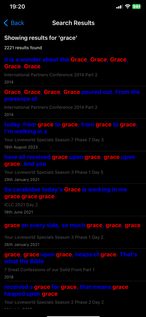 Pastor Chris Digital Library - Search results screen in the Pastor Chris Digital Library app showing highlighted mentions of grace in various messages