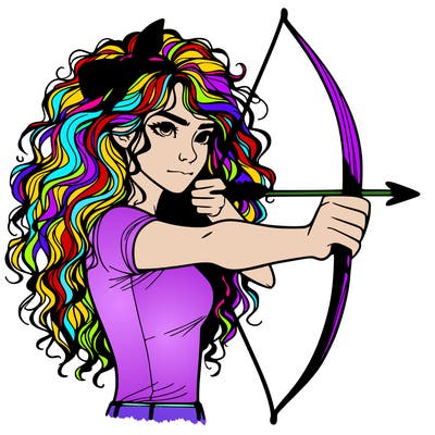 a woman with curly and messy hair using a bow to shoot arrow realistic