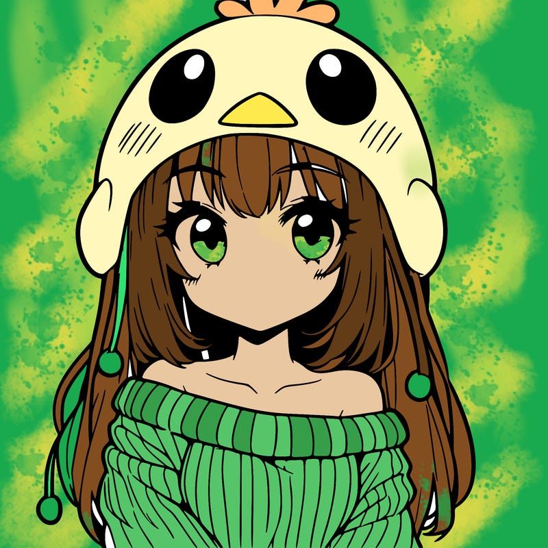 anime girl with chick shaped hat with sweater with bare shoulders with bangs covering them one eye with low tail