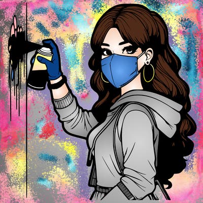 realistic girl with mask spray painting a wall