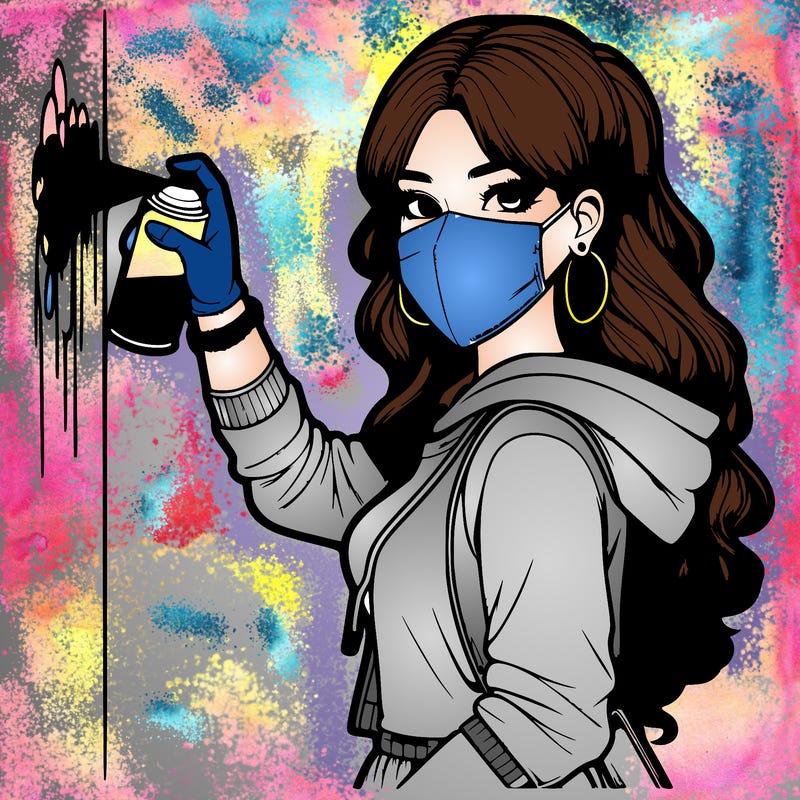 realistic girl with mask spray painting a wall