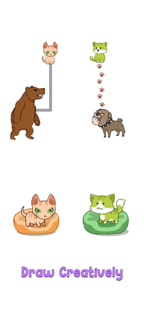 Cat Puzzle: Draw to Kitten - A mobile game screen showing cats being guided along drawn paths to their beds while avoiding a bear and an angry dog.