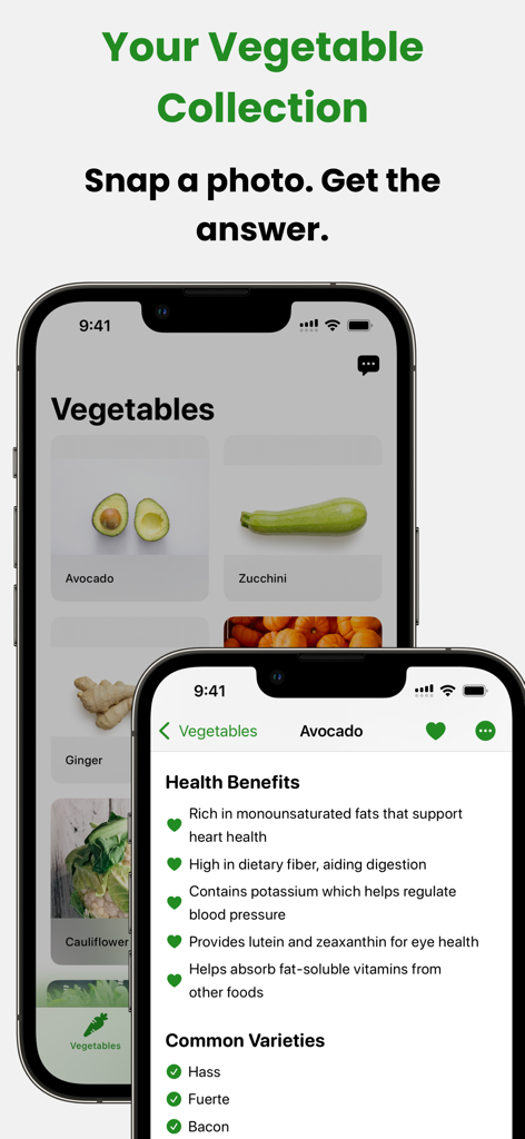 Vegetable Identifier: AI Scan - 識別された野菜のギャラリーとアボカドの詳細な健康効果を示す野菜識別アプリのスクリーンショット