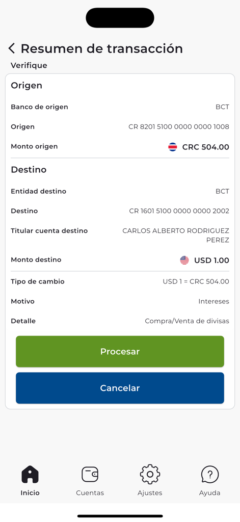 Transaction summary screen in the FLEX BCT app showing currency conversion from CRC to USD