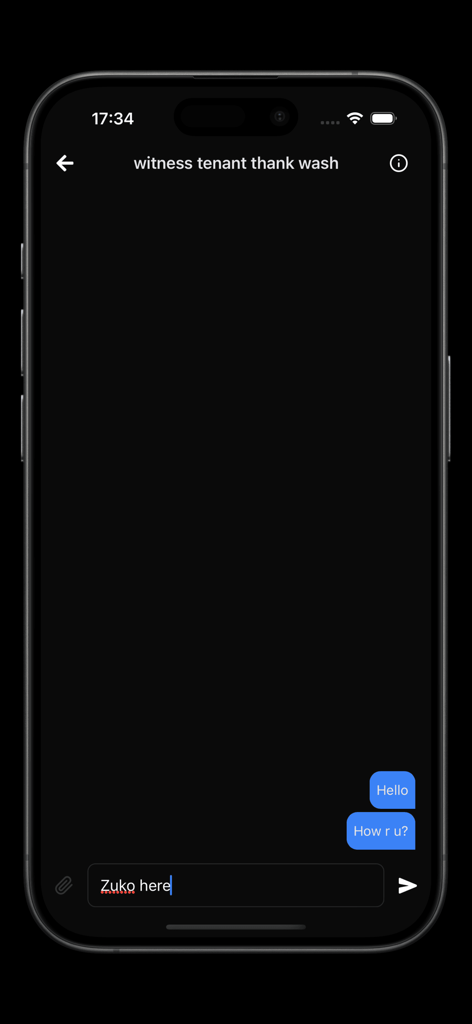 aSTRING Chaos - Minimalist dark mode chat interface in the aSTRING Chaos app showing a conversation with simple blue message bubbles.