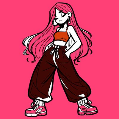 girl in baggy pants crop top and long hair