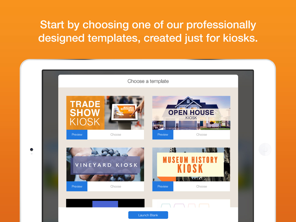 Flow Kiosk: Offline iPad Kiosk - iPad display showing a variety of professional kiosk templates for trade shows and museums