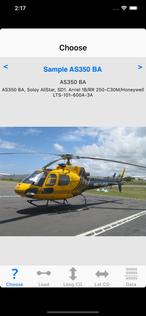 Auswahl eines Helikoptermodells in der iBal Rotary Gewicht- und Balance-App.