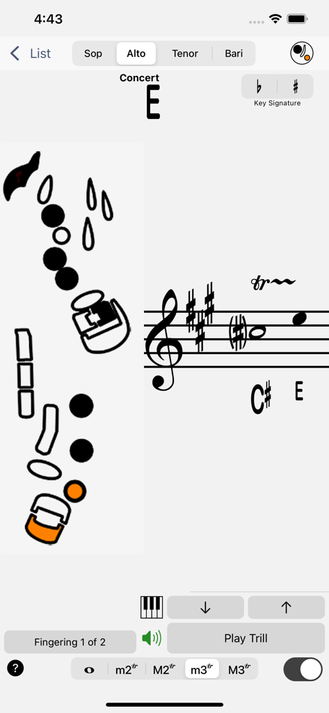 Fingering Woodwinds for iPhone - Alto saxophone trill fingering chart in Fingering Woodwinds app