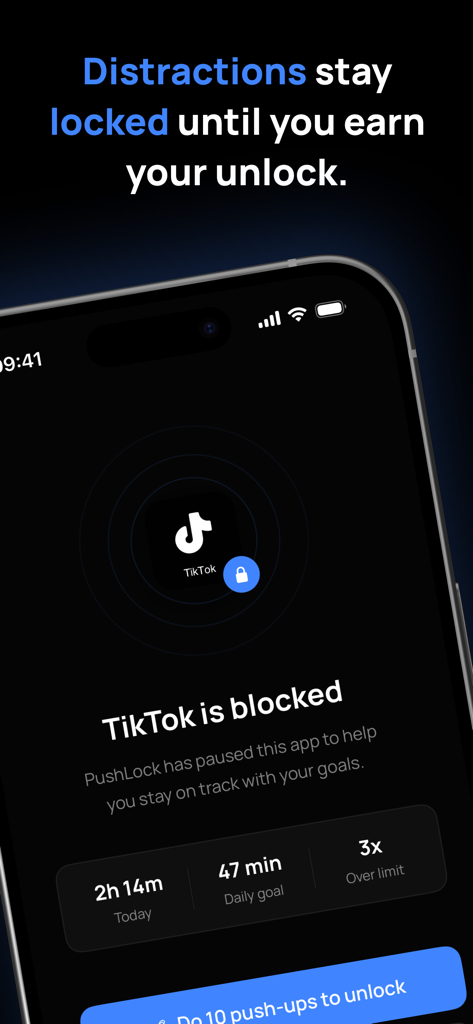 PushLock: Screen Time Control - PushLock interface showing TikTok is blocked until 10 pushups are completed.