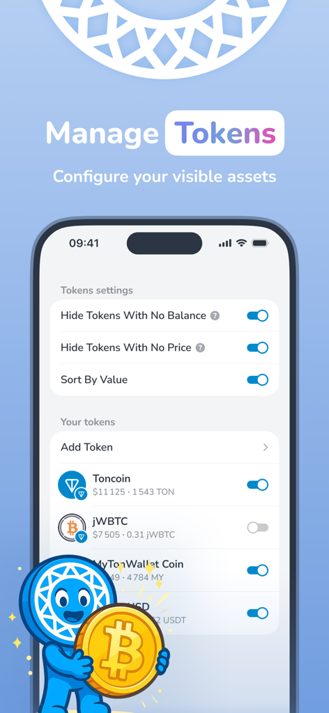 MyTonWallet: Anyway TON Wallet - Mobile interface of MyTonWallet showing token visibility and asset management settings