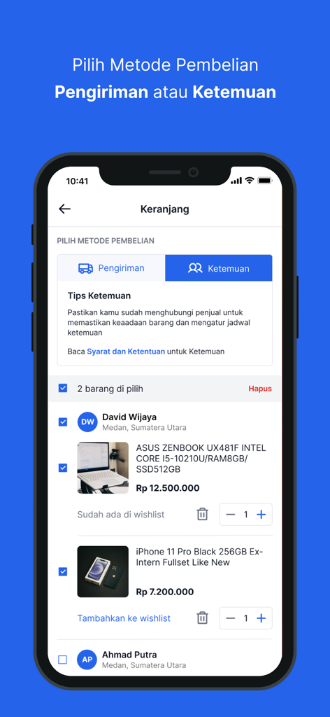 bekasku - Schermata dello smartphone che mostra il carrello dell'app bekasku con opzioni di consegna o incontro locale per elettronica usata