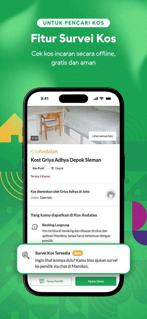 Mamikos mobile app screen showing a boarding house listing with options to chat with owners and request property surveys