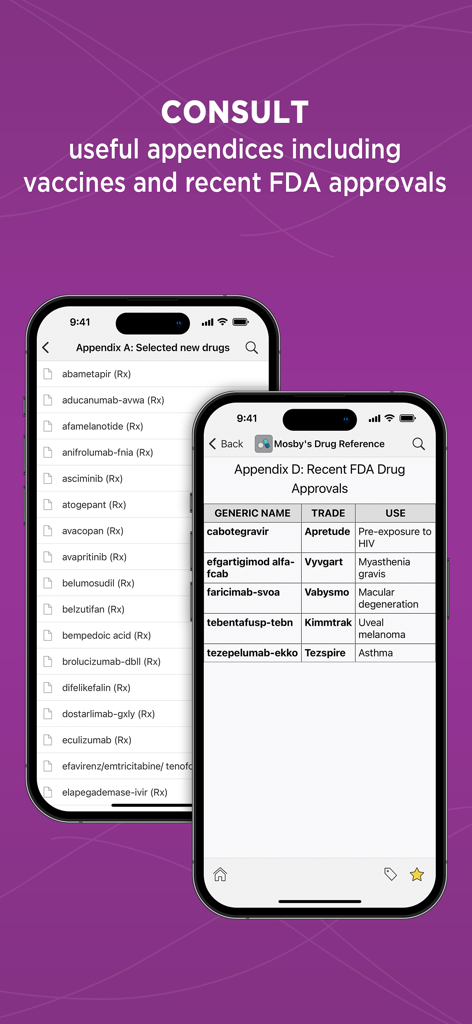 두 대의 아이폰에 신약 목록과 최근 FDA 승인 약물 목록을 보여주는 Mosby's Drug Reference 앱 인터페이스.