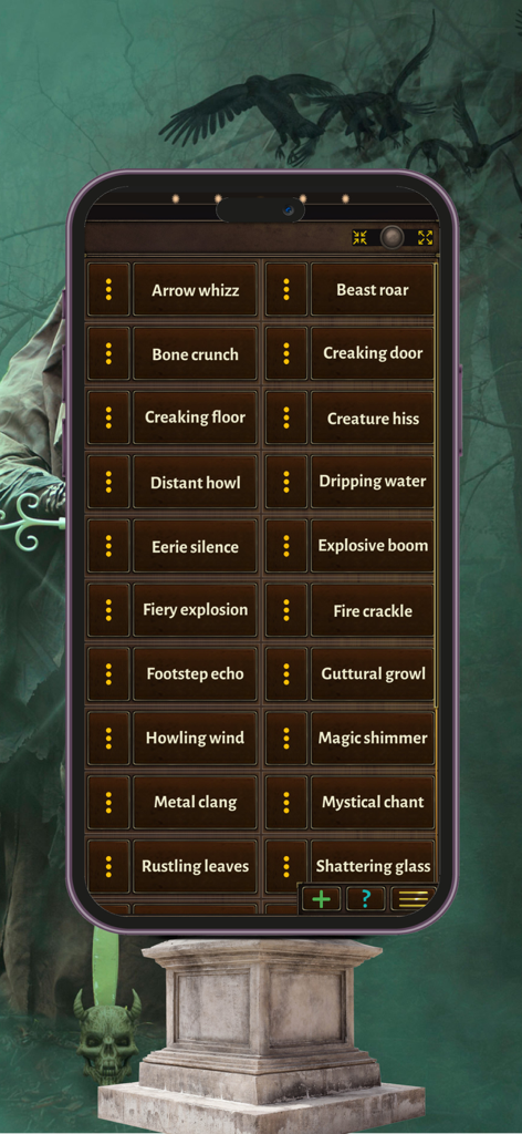 RPG Master Sounds Mixer - RPG Master Sounds Mixerアプリのサウンドボードインターフェース。獣の咆哮や不気味な静寂のようなファンタジーサウンドエフェクトのボタンが表示されています。