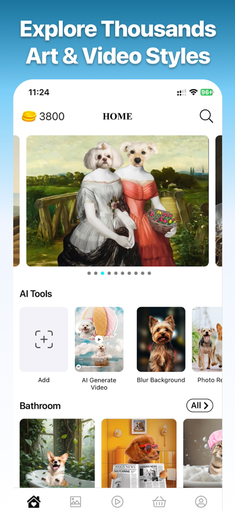 PawEditor app home screen featuring AI pet portraits and creative editing tools
