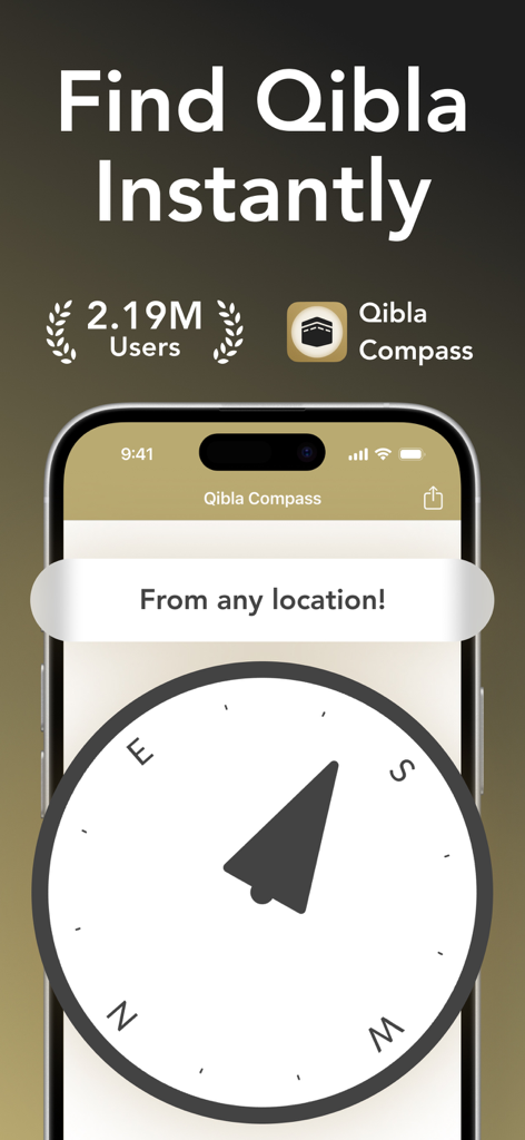 Qibla Compass | بوصلة القبلة - App mobile Bussola Qibla su iPhone che mostra una bussola di preghiera direzionale per trovare la direzione della Qibla