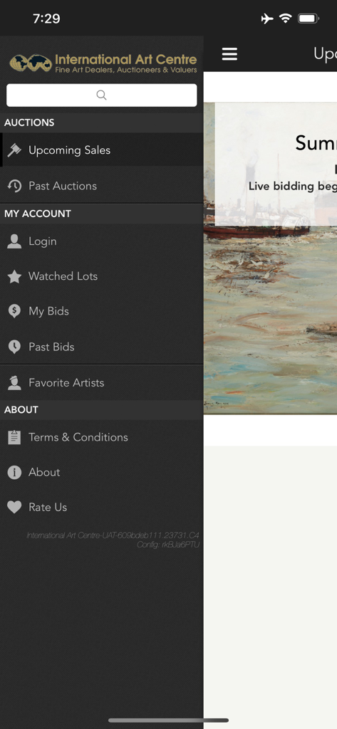 International Art Centre - Side navigation menu of the International Art Centre app showing auction and account options