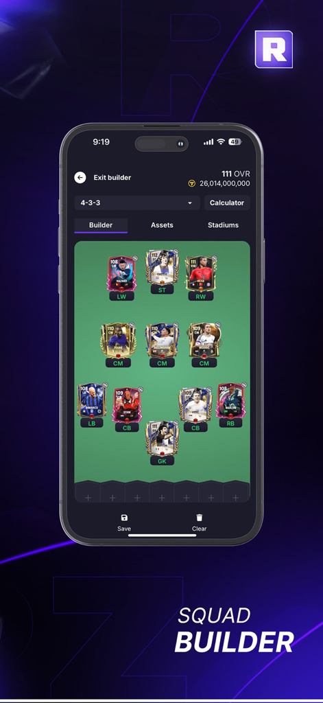 RenderZ: FC Mobile 25 Database - RenderZ App Squad Builder-Oberfläche, die eine professionelle Fußballmannschaftsaufstellung zeigt