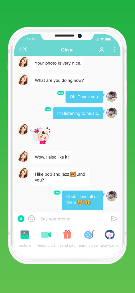 SayHi Chat app screen showing a text conversation with emojis and various media sharing options