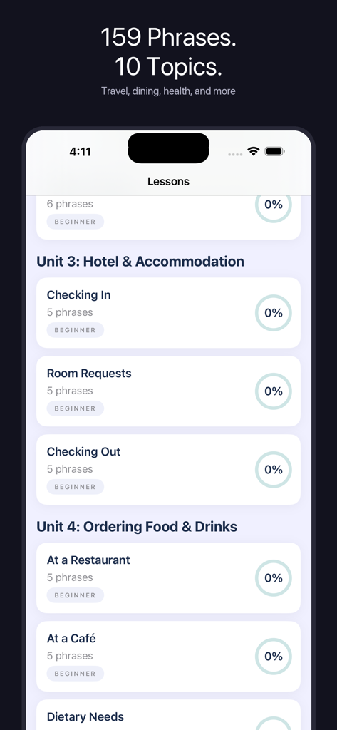 Pronounce English App - A screen displaying English pronunciation lesson units for travel and dining situations