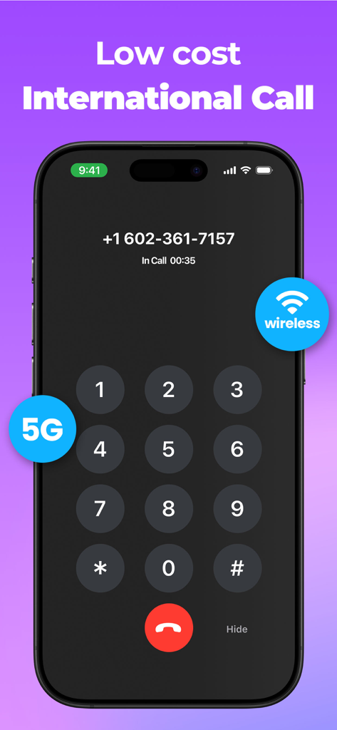 Call Now: 2nd Number Phone App - La interfaz de la aplicación Call Now mostrando una pantalla de llamadas internacionales de bajo costo con un teclado e iconos 5G.