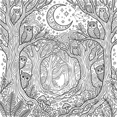 Unravel the mysteries of a deep foggy forest under the watchful eyes of silent owls and a luminous crescent moon. This captivating night-time scene offers a tranquil escape, inviting you to add your personal touch to its intricate details.
