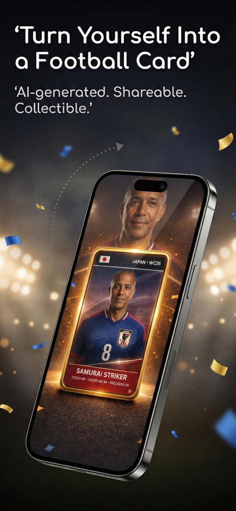 A smartphone showing an AI generated football fan card with a personalized avatar and team stats
