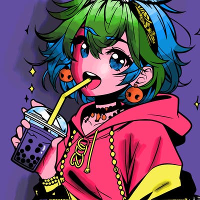 hot baddie anime girl drinking boba and biting the straw