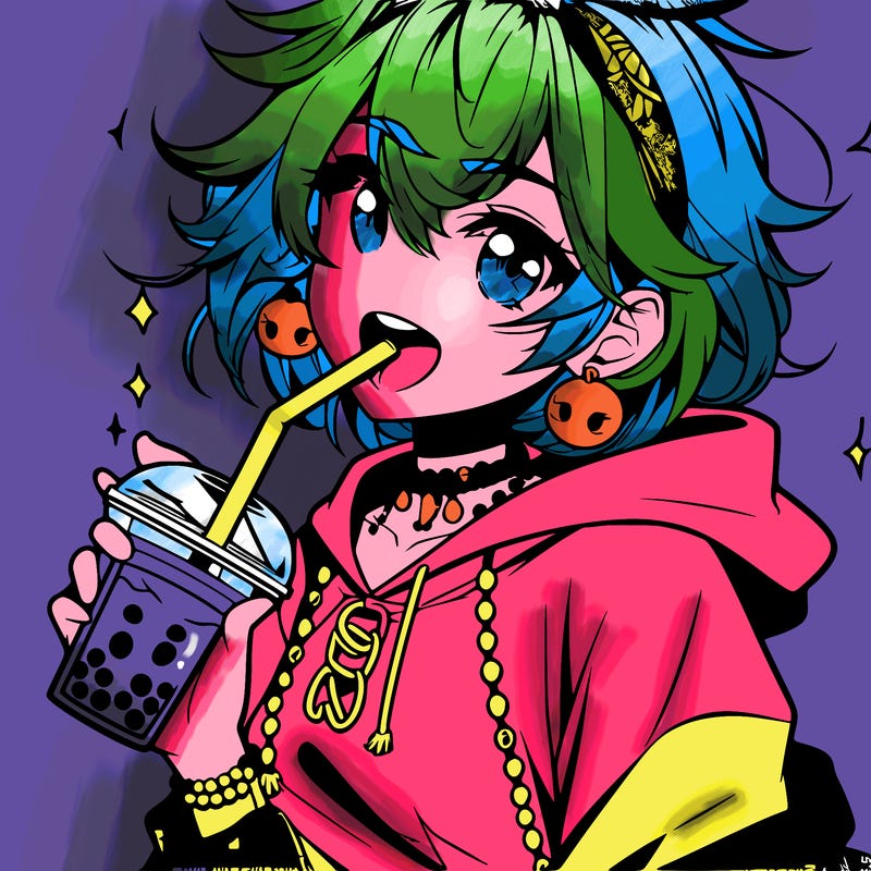 hot baddie anime girl drinking boba and biting the straw